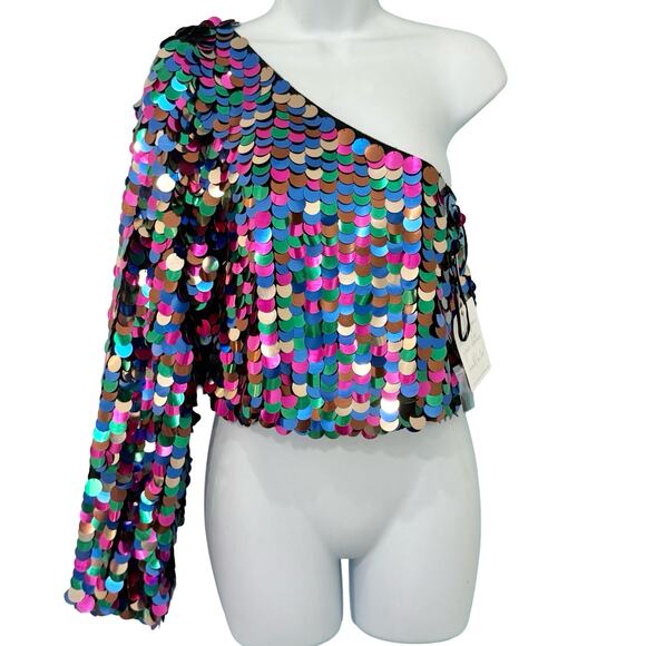 Show Me Your MuMu Tops - Show Me Your Mumu Rainbow Sequin One Shoulder Long Sleeve Top size S NEW Tags